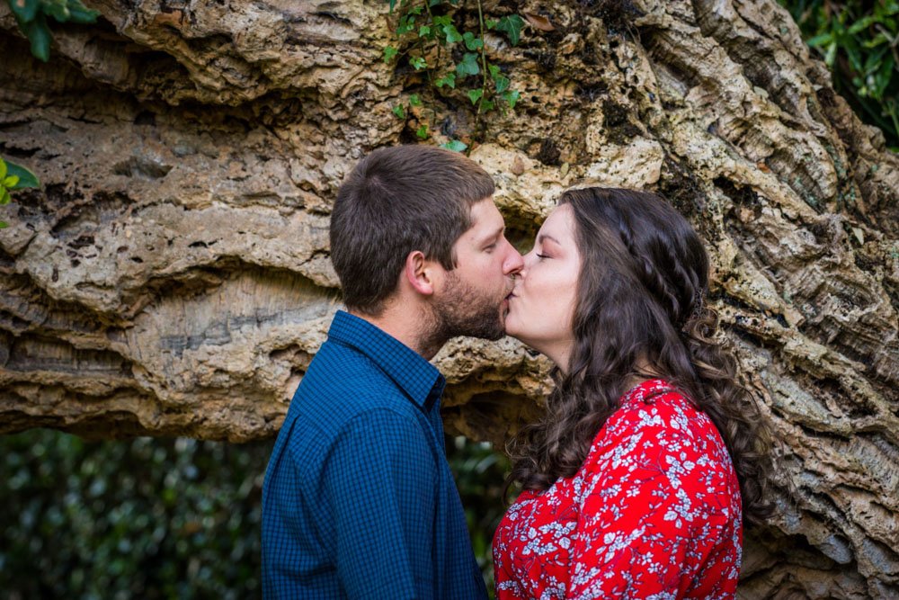 couple kissing in the woods at Mt Edgcumbe Park