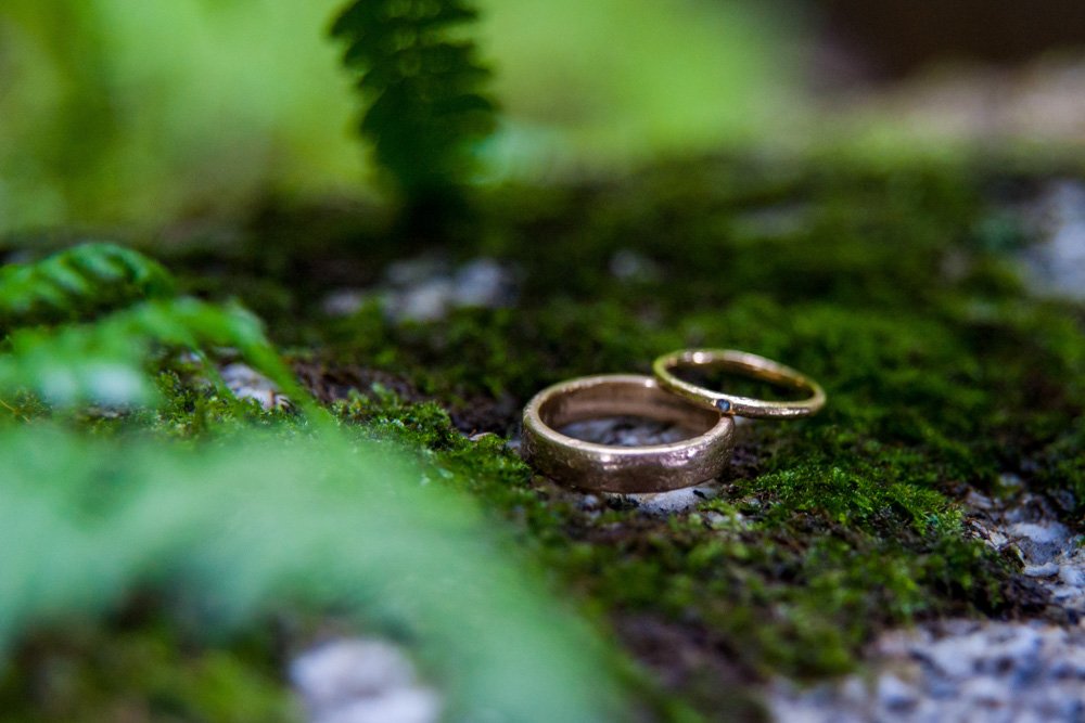 wedding rings on a moss covered rock
