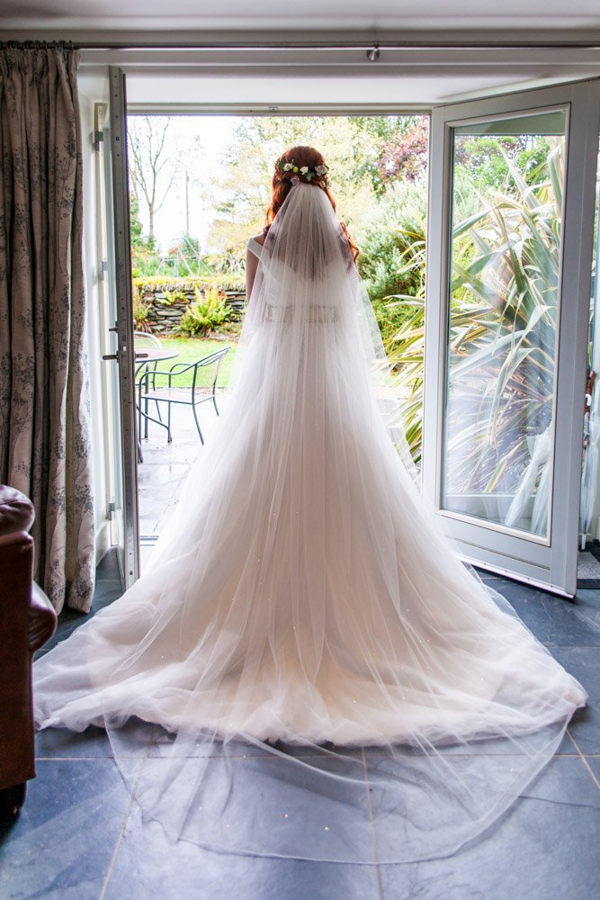 bridal portrait from behind looking out the door