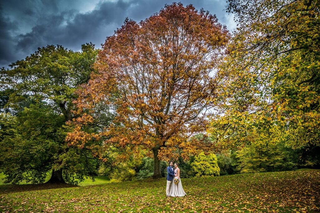 bride and groom portrait in the wods at Autumn