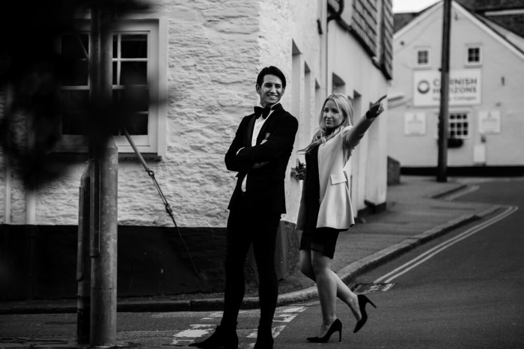 Ollie Locke and friends on the streets in Padstow cornwall B&W