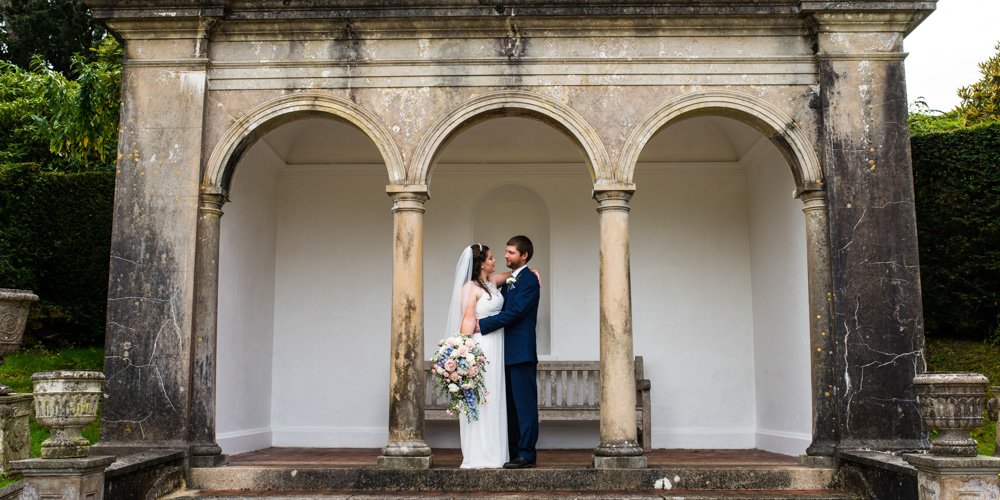 bride and groom at The orangery gardens Mt Edgcumbe cornwall