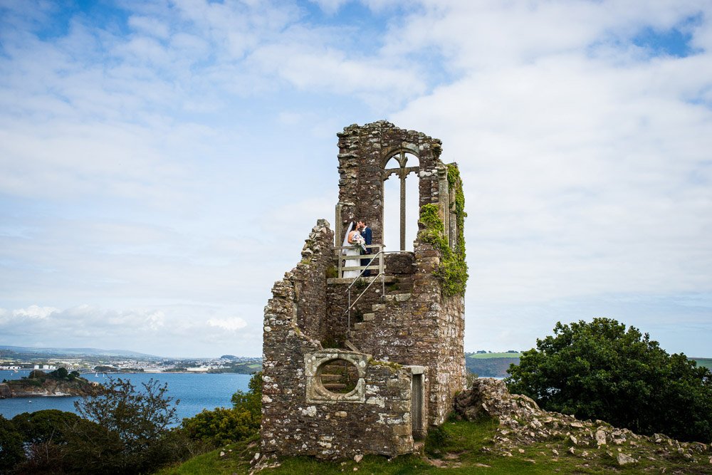 bride and groom at The Folly Mt Edgcumbe cornwall