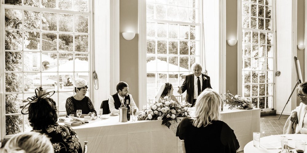 father of the bride speech at The orangery Mt Edgcumbe cornwall B&W