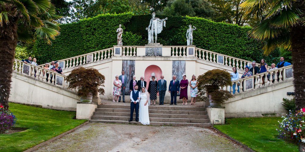 wedding group shot at The orangery gardens Mt Edgcumbe cornwall