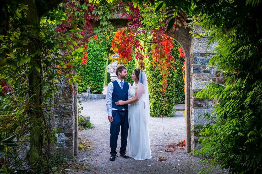 bride and groom at The orangery gardens Mt Edgcumbe cornwall