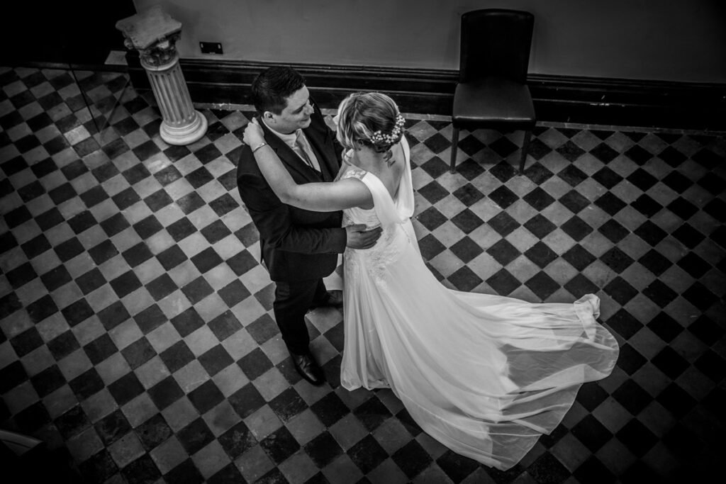 bride and groom overhead shot at Penzance cornwall B&W