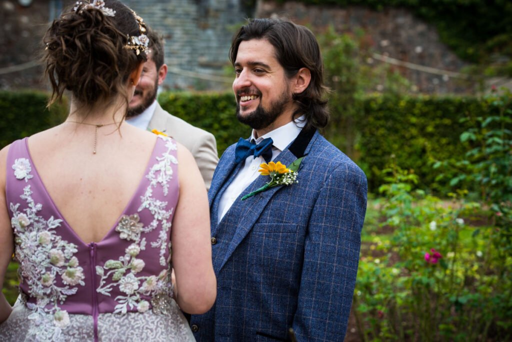 bride and groom at Cockington country park Devon