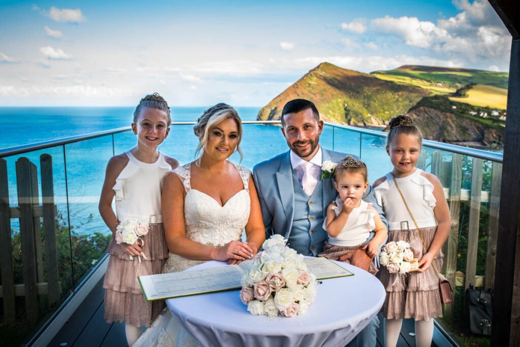 Bride and groom family shot at The Sandy Cove Hotel Devon