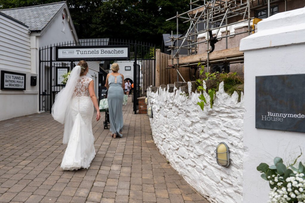 Bride arriving at Tunnels beaches Ilfracombe Devon