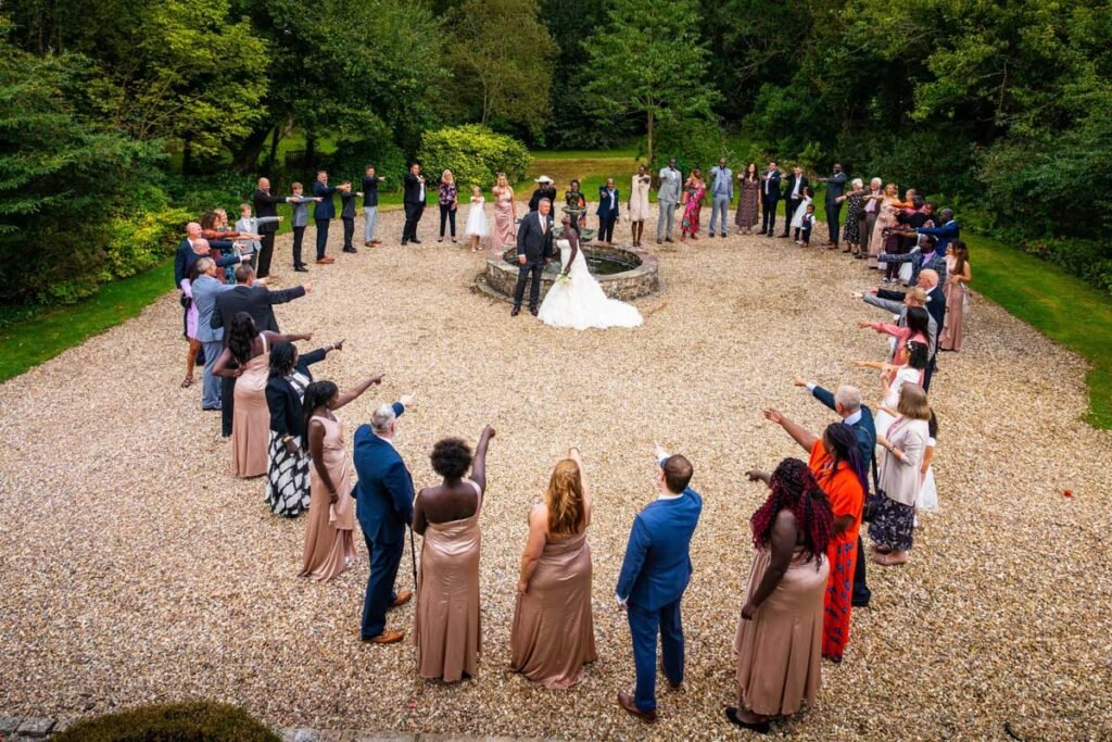 heart shaped wedding group shot