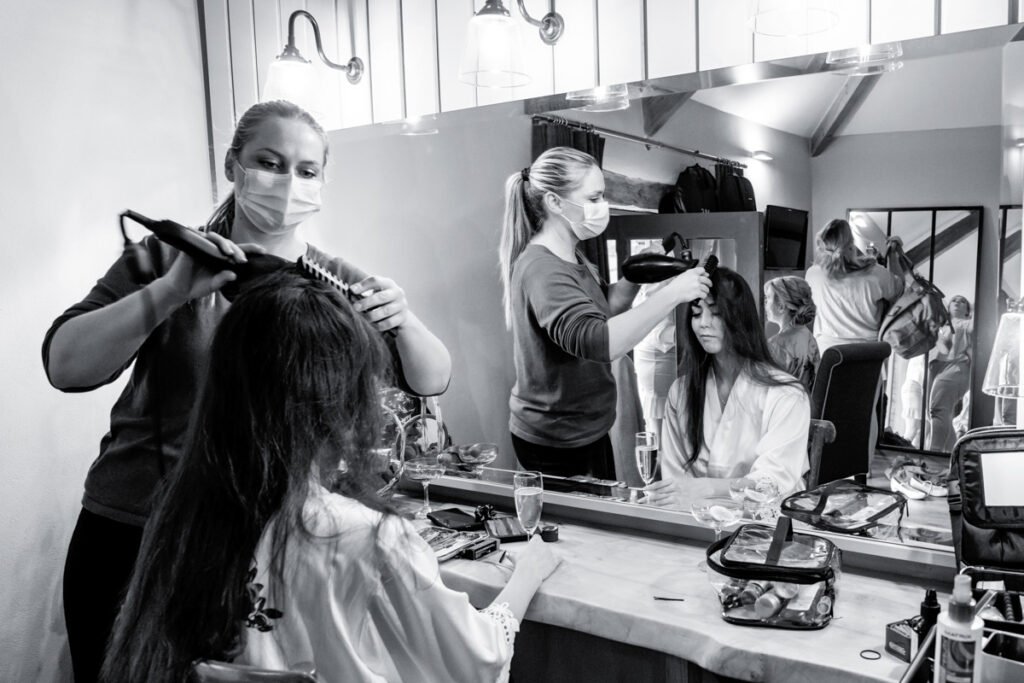 bridal hair styling at Trevenna Barns Cornwall B&W