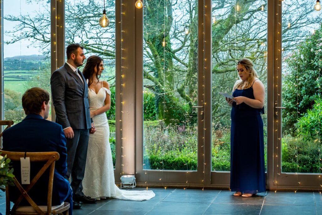 bride and groom wedding reading at Trevenna Barns Cornwall