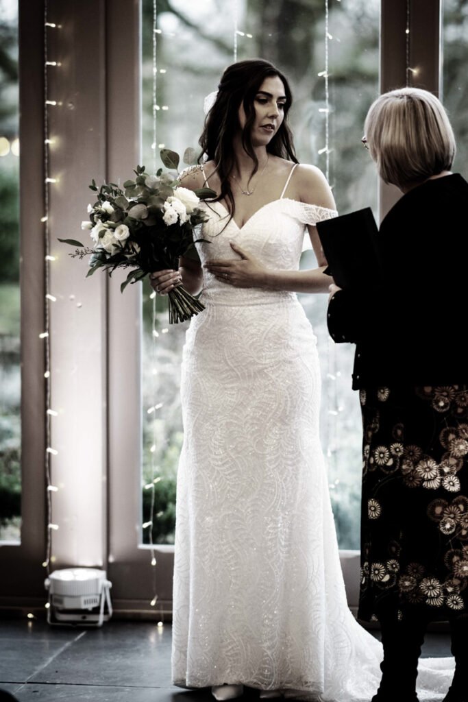 bride in the wedding ceremony at Trevenna Barns Cornwall