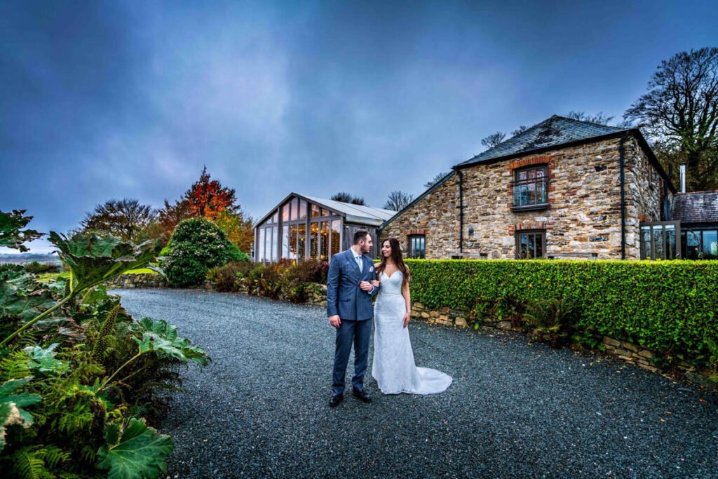 Bride and groom at Trevenna Barns Cornwall HDR