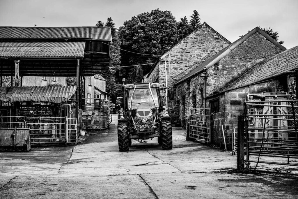 wedding tractor on the farm sepia