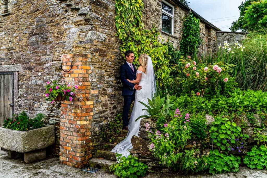 bride and groom portrait in the garden