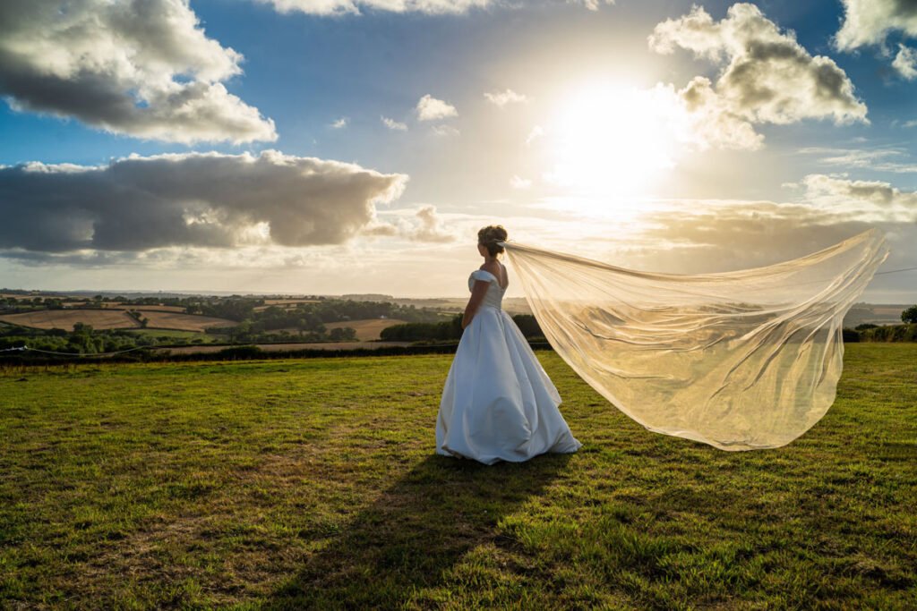 bride sunset portrait veil shot