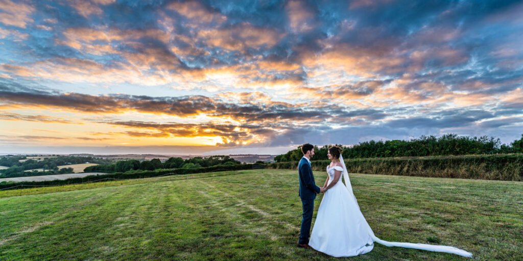 bride and groom sunset shot