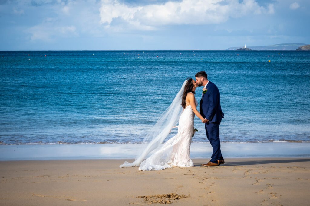 bride and Groom portrait on the beach in St Ives Cornwall