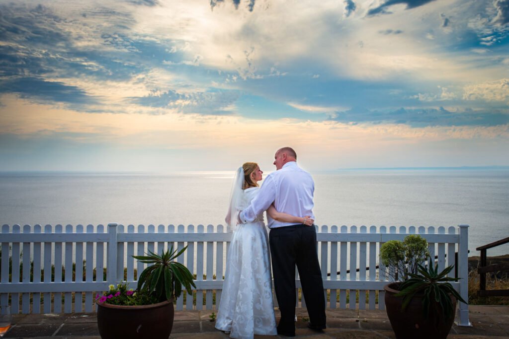 bride and groom sunset shot in cornwall