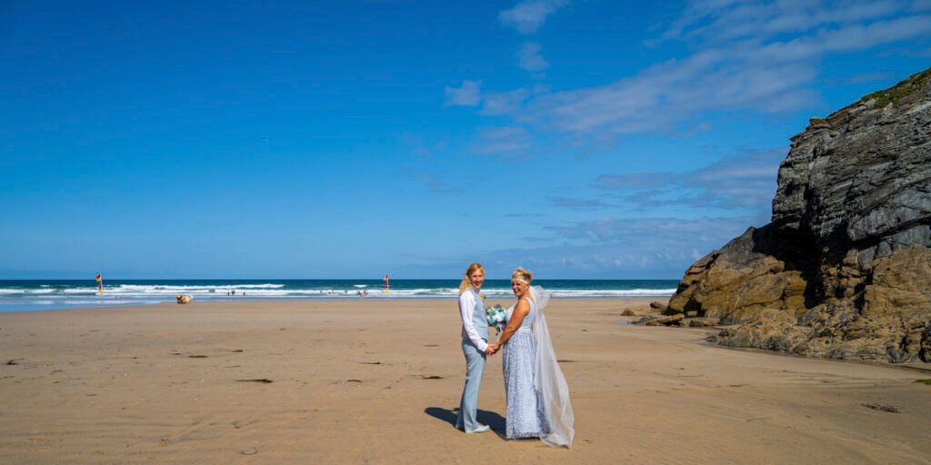 newquay same sex wedding bride and bride on the beach