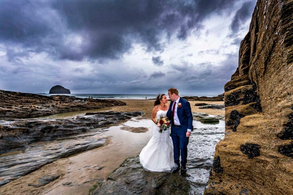 Bride and groom beach shot Trebarwith Cornwall