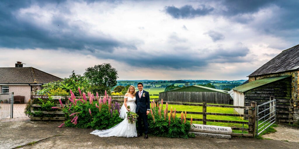 bride and groom on the farm