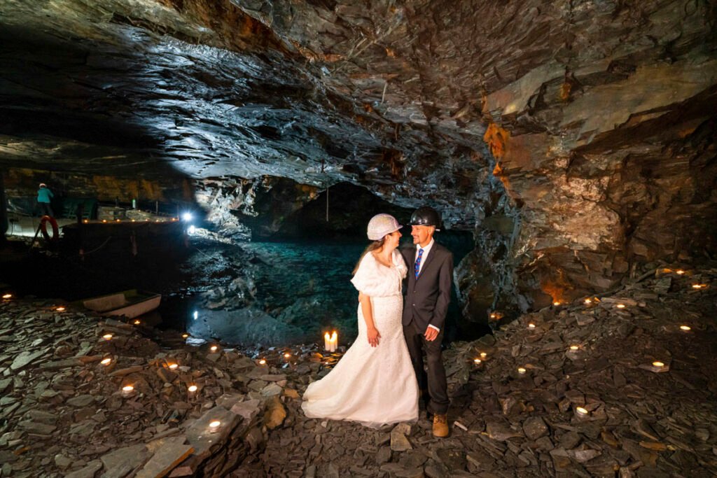 Bride and groom shot at Carnglaze caverns Cornwall