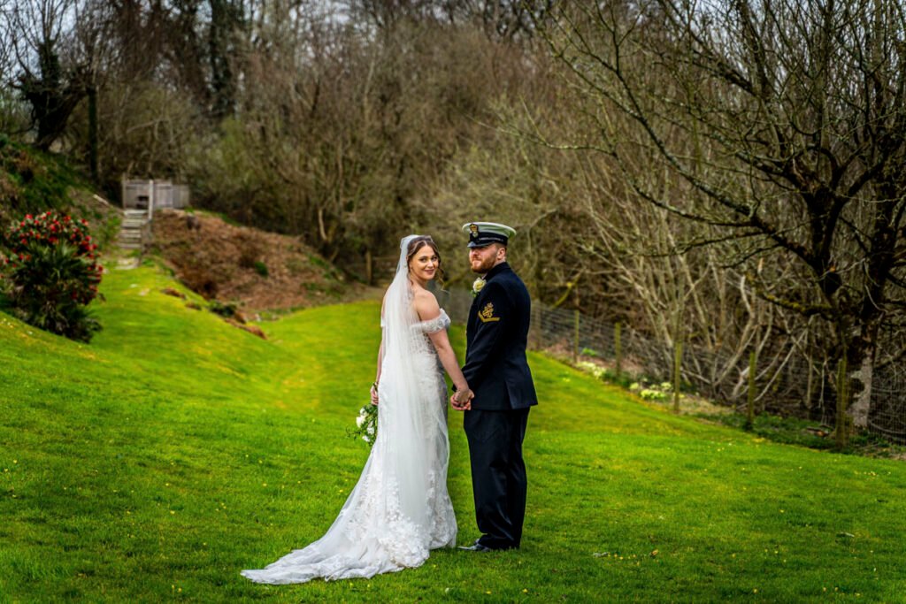 bride and groom at The Green cornwall wedding venue