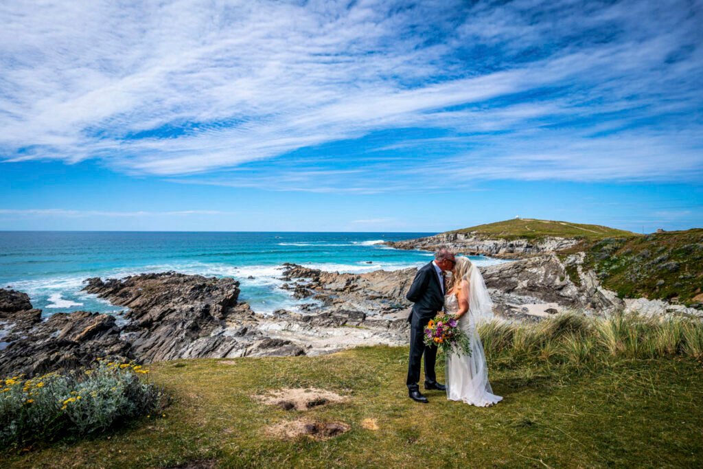 Bride and Groom portrait overlooking Little fistral beach cornwall