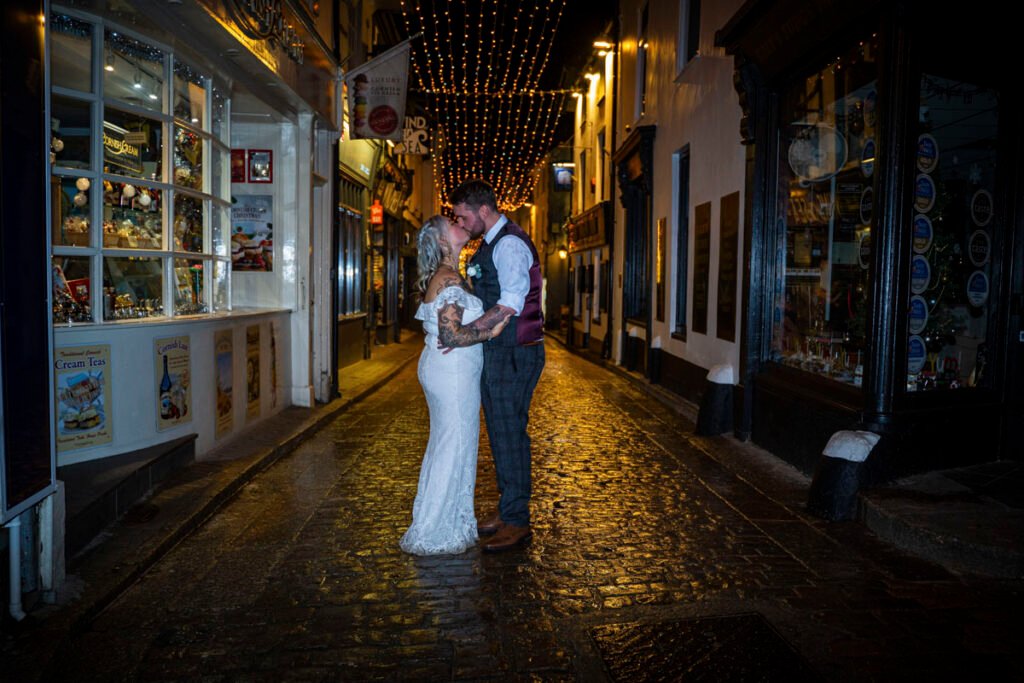 St Ives cornwall nightime bride and groom portrait