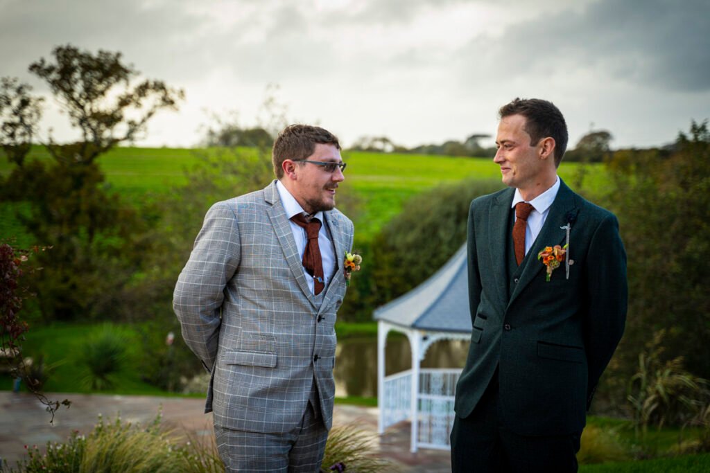 Groom and Best Man arriving at The barn at Pengelly cornwall