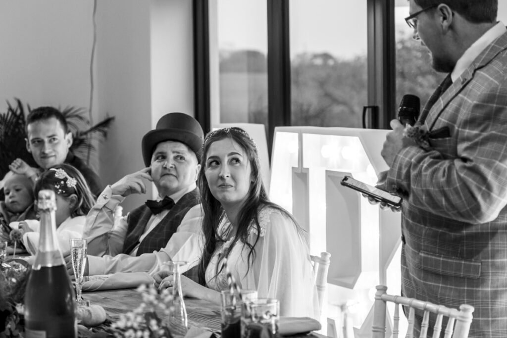 wedding speeches shot at The barn at Pengelly Cornwall black and white