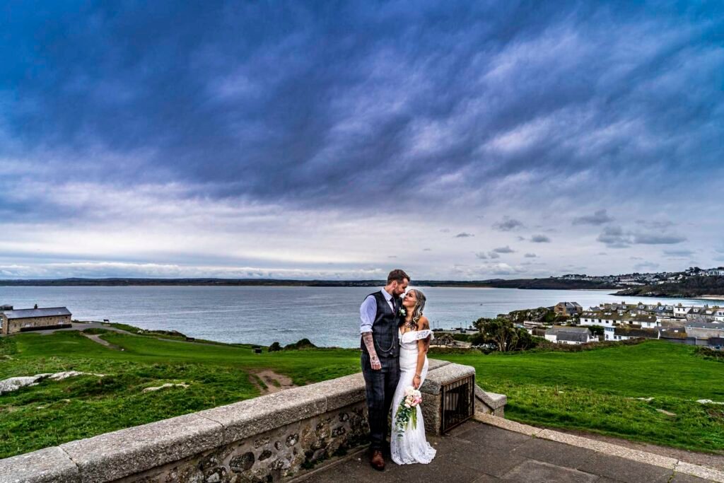 Bride and Groom portrait overlooking St Ives Cornwall