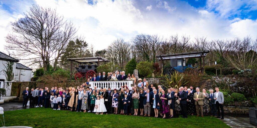 wedding group photograph in bude cornwall