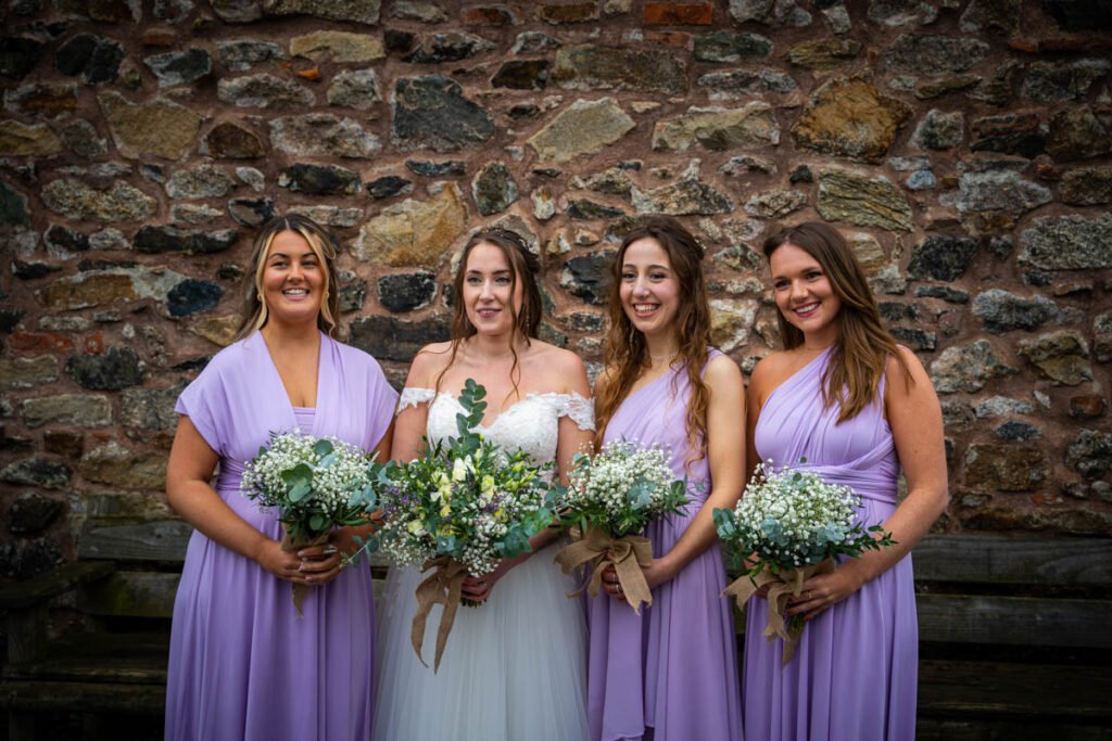 Bride and Bridesmaids wedding group photograph in cornwall