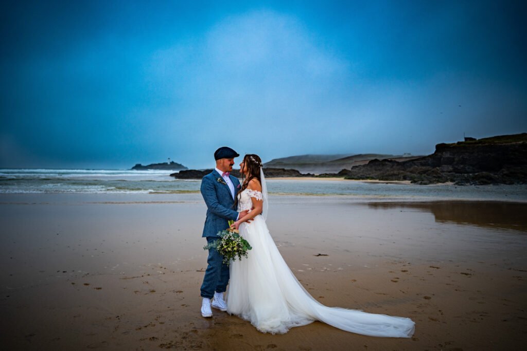 Bride and groom wedding photography at Godrevy beach cornwall