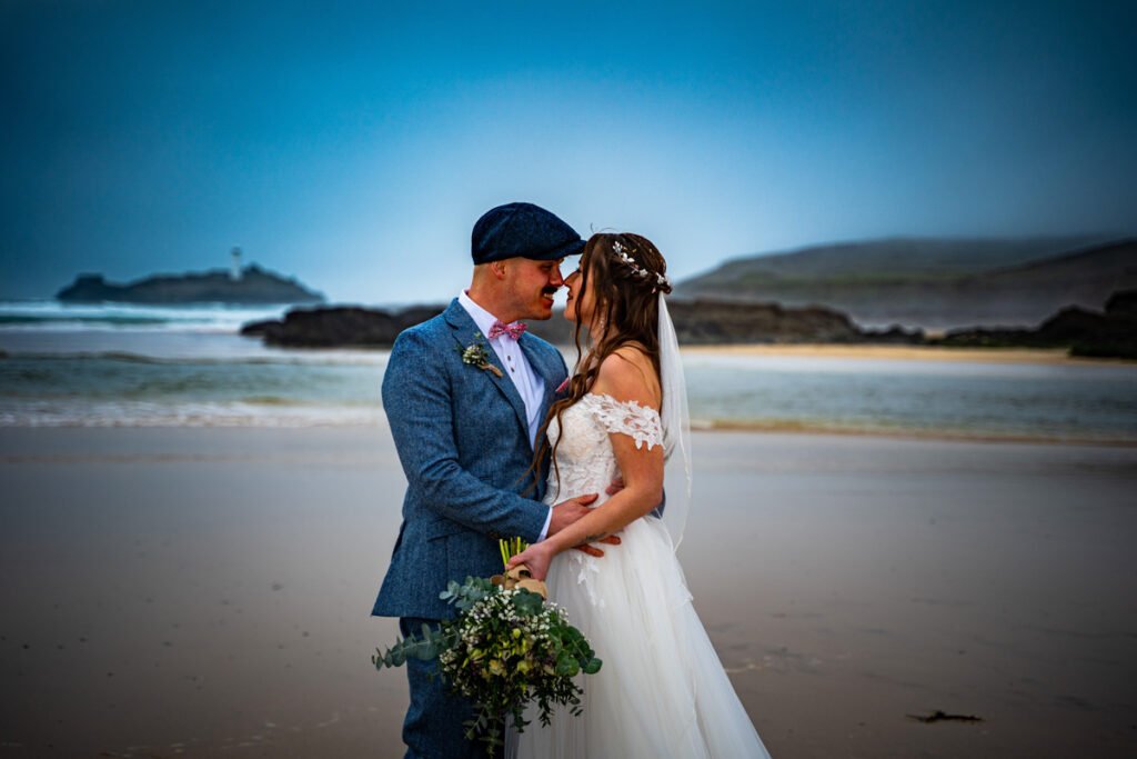 Bride and groom wedding photography at Godrevy beach cornwall