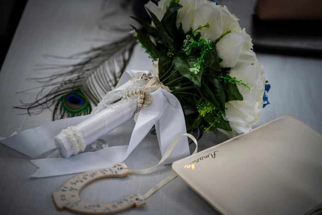bride's bouquet and handbag