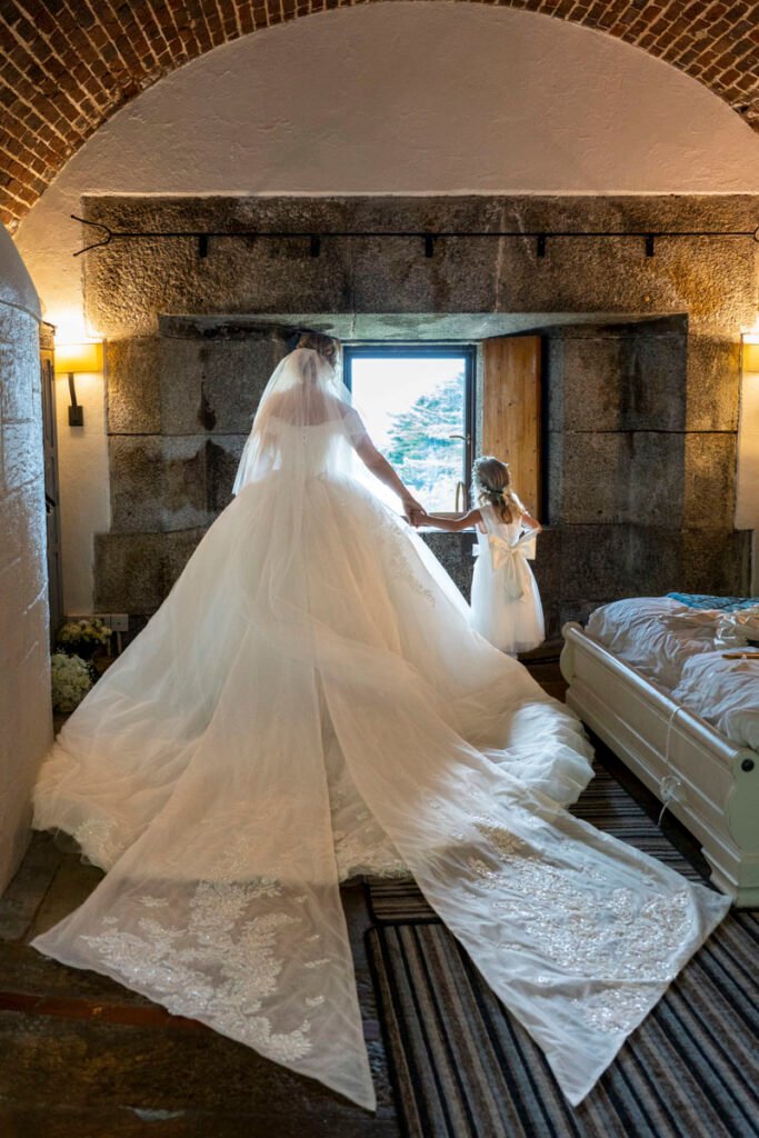 bride and flower girl looking out the window