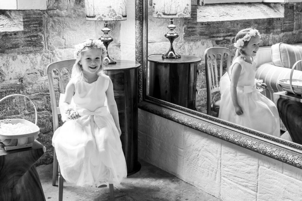 flower girl reflected in the mirror B&W