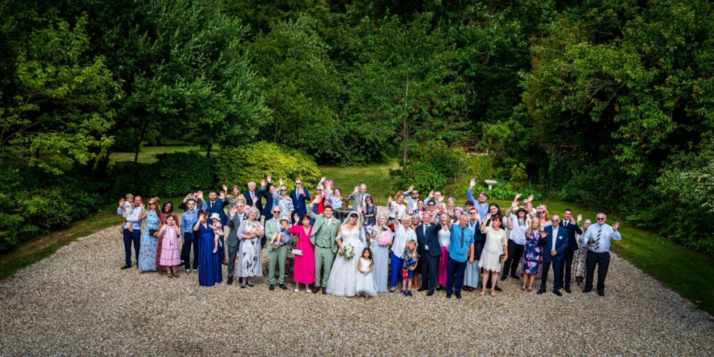 overhead outdoor wedding group shot all guests