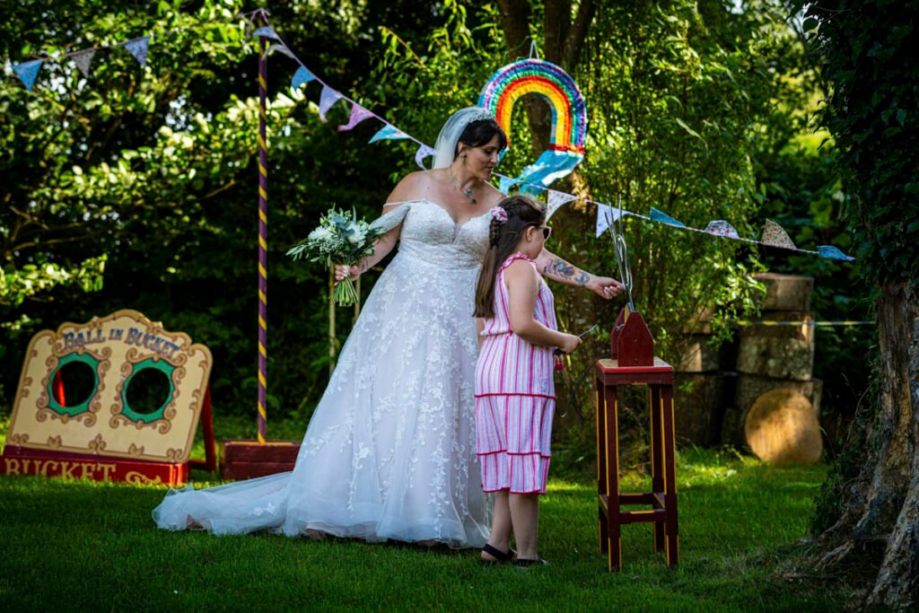 bride and girl playing wedding games