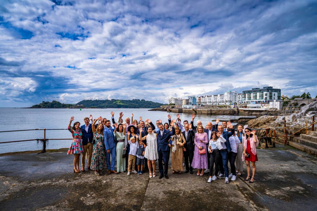 wedding group shot on the quay overlooking Plymouth Sound