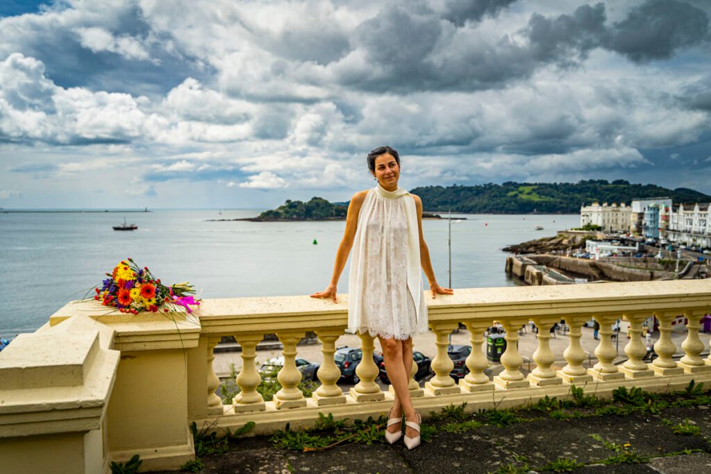 bride portrait overlooking Plymouth Sound