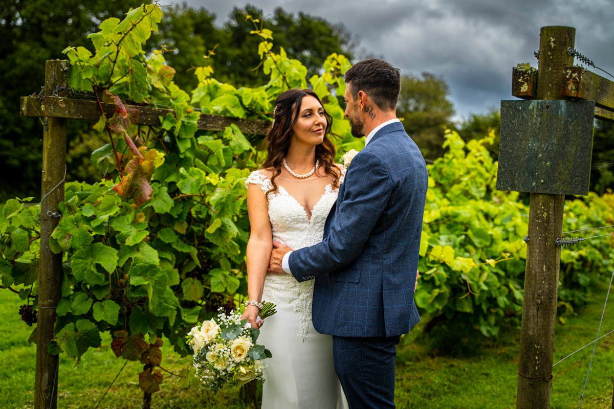 bride and groom embrace by the vineyard