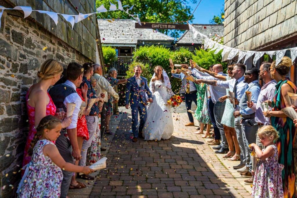 bride and groom confetti shot outdoors