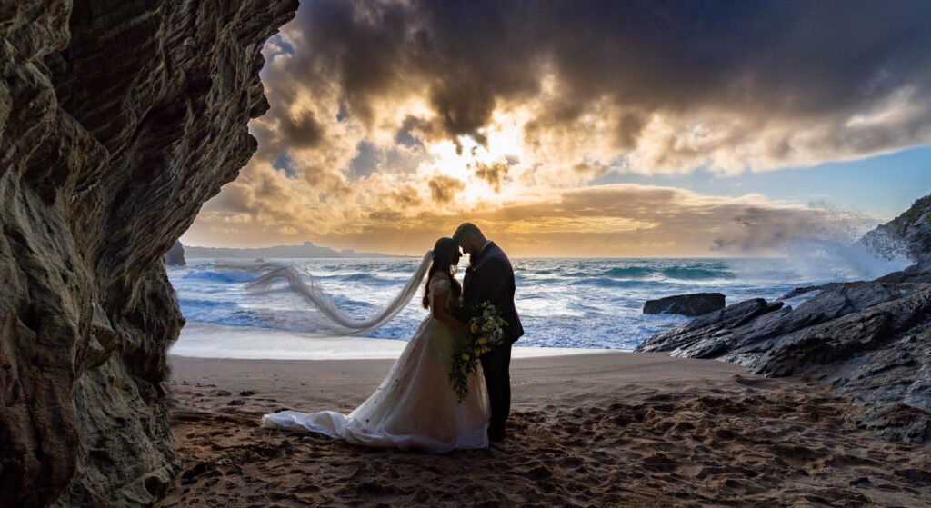 Bride and Groom at sunset on the beach