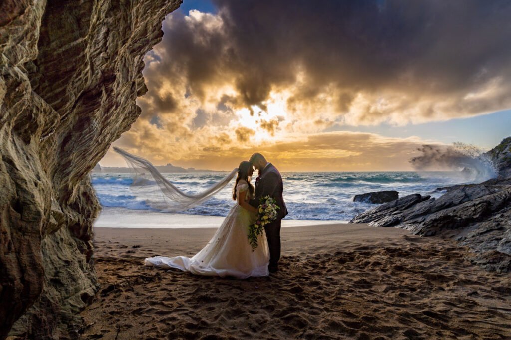 bride and groom sunset